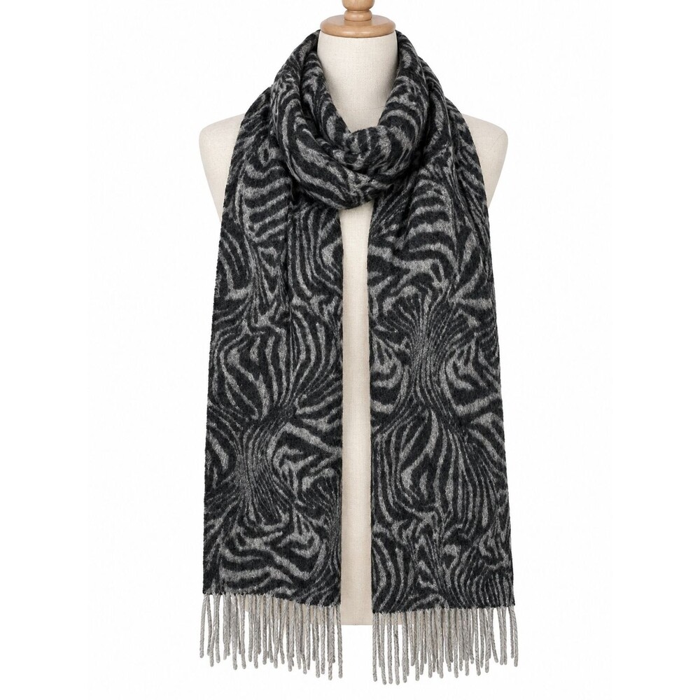 Bloomingdales 100% Cashmere Scarf Grey Zebra Print Fringe SOFT Preppy Women's